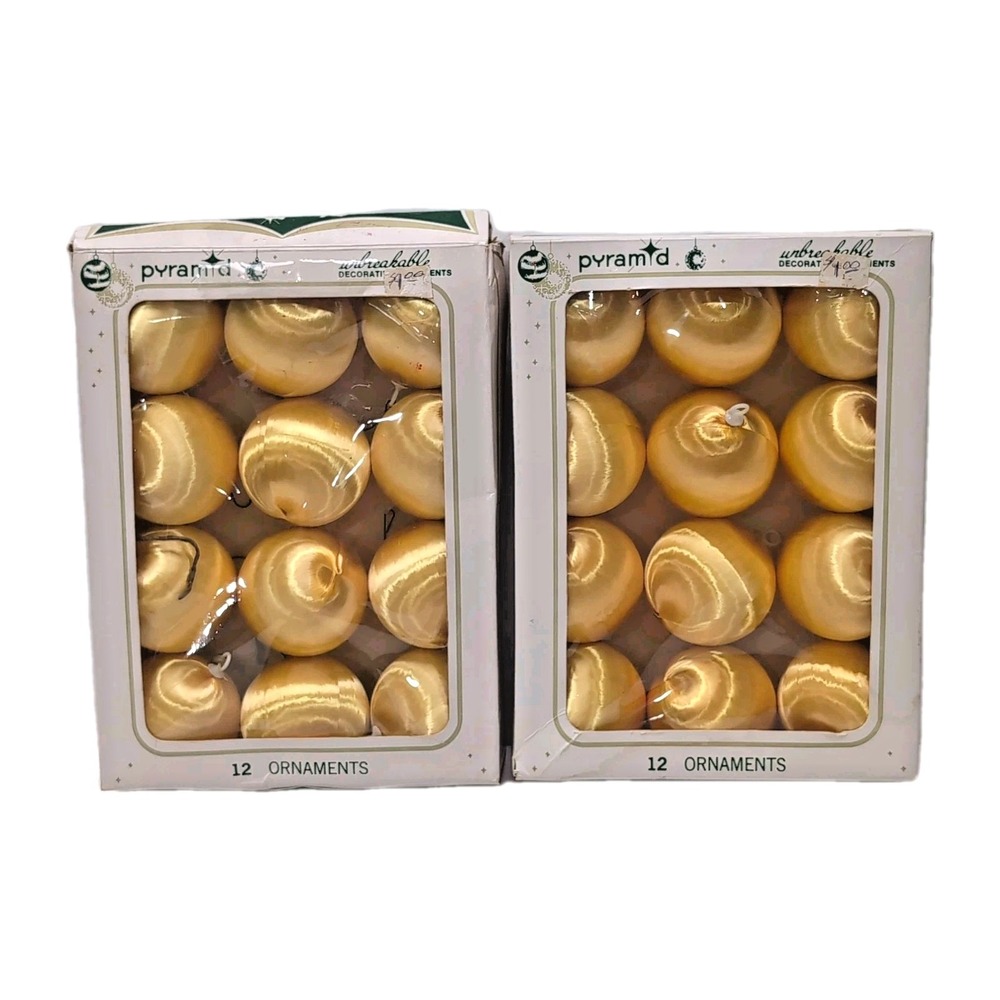 Vtg Pyramid Satin Sheen Gold Christmas Ornaments Unbreakable 2‎ Boxes of 12